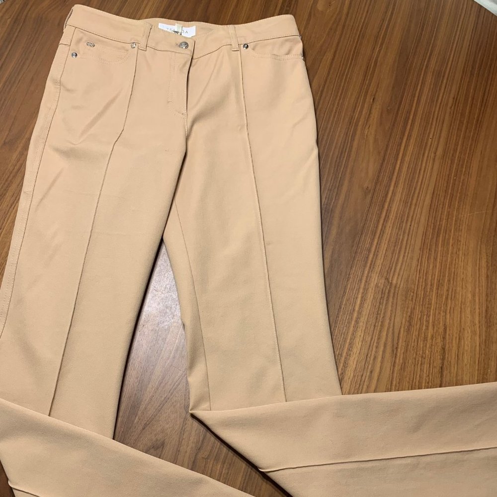 Escada Front Exposed Seam Tan Trouser Pants Stretch Casual Pockets